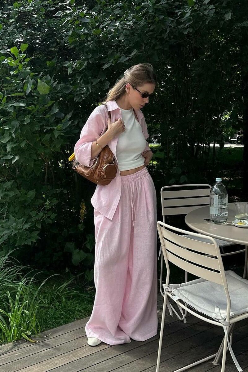Костюм лляна сорочка та штани колір рожевий