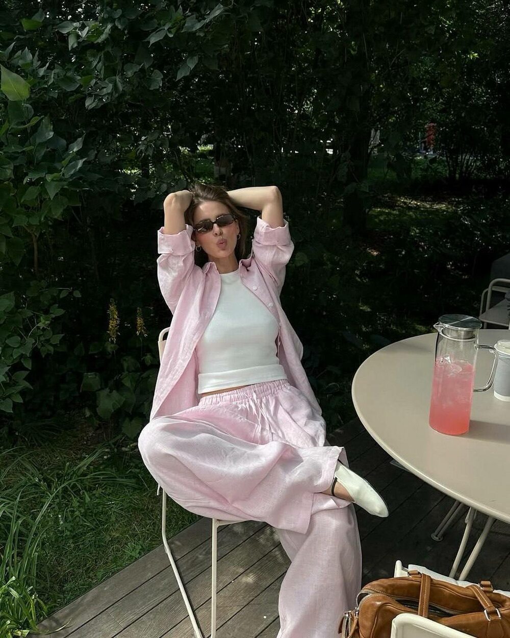 Костюм лляна сорочка та штани колір рожевий