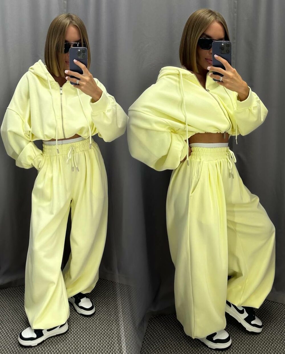 Костюм трійка складається з штанів, кофти та топа, колір жовтий