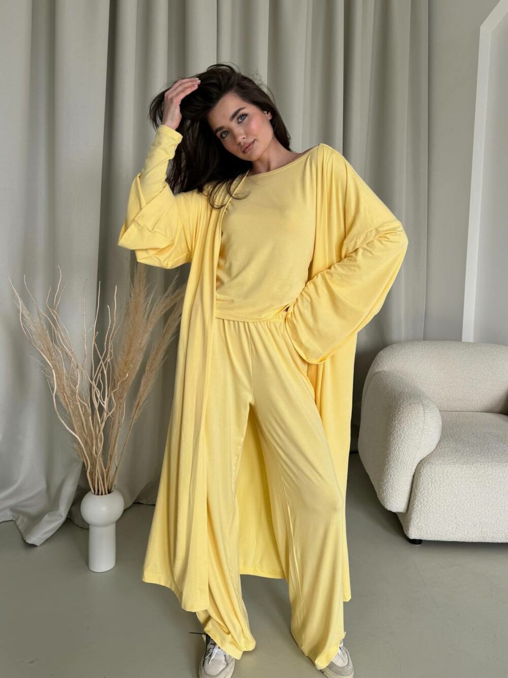 Костюм трійка: кардиган, штани, лонслив, банановий колір