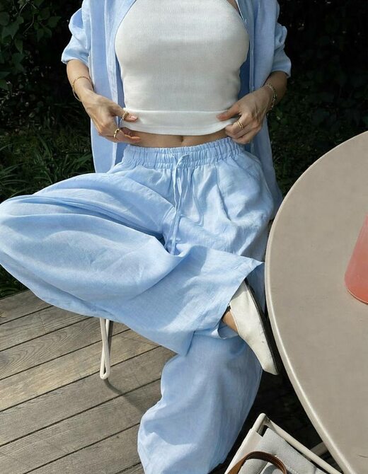 Костюм лляна сорочка та штани колір блакитний