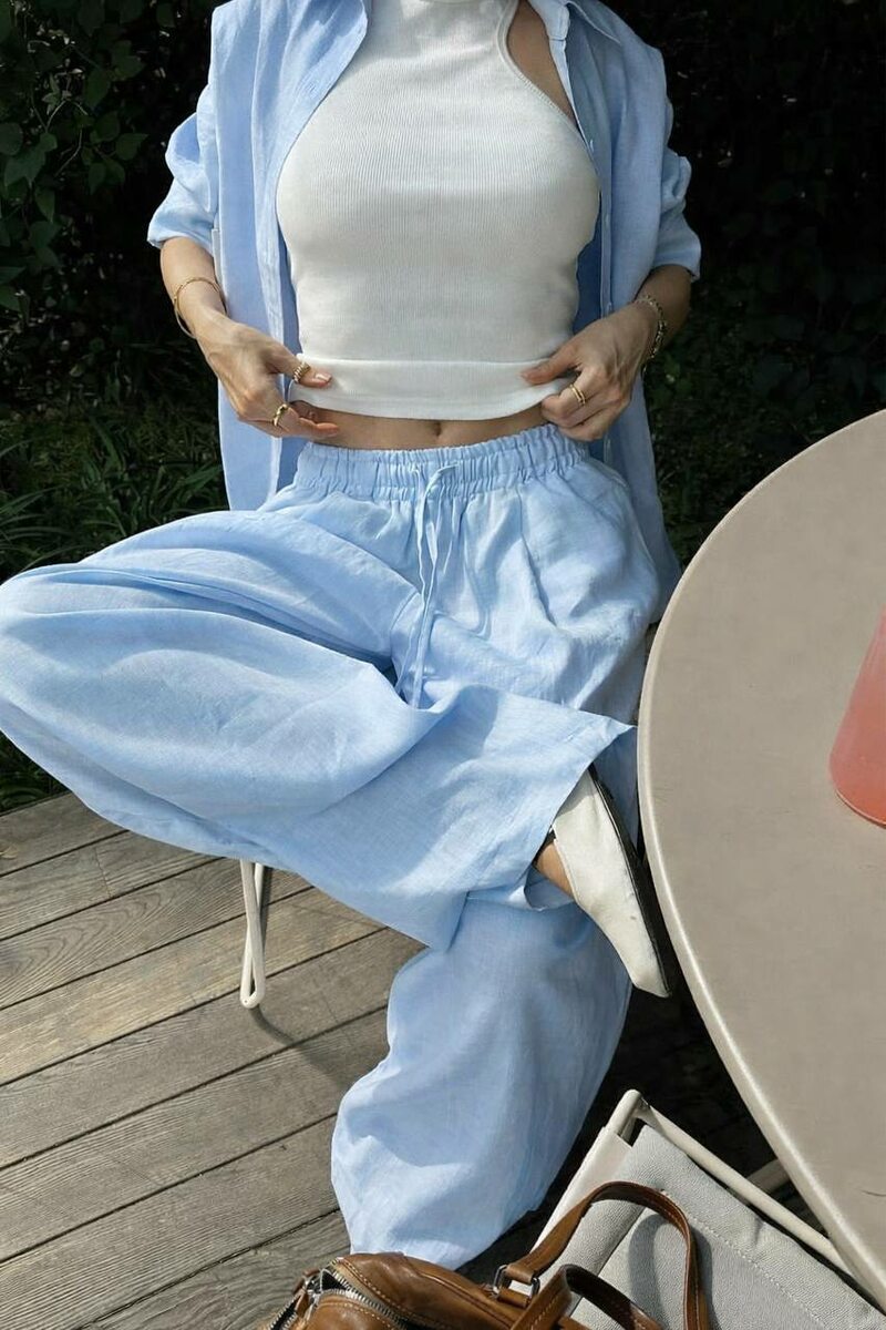 Костюм лляна сорочка та штани колір блакитний