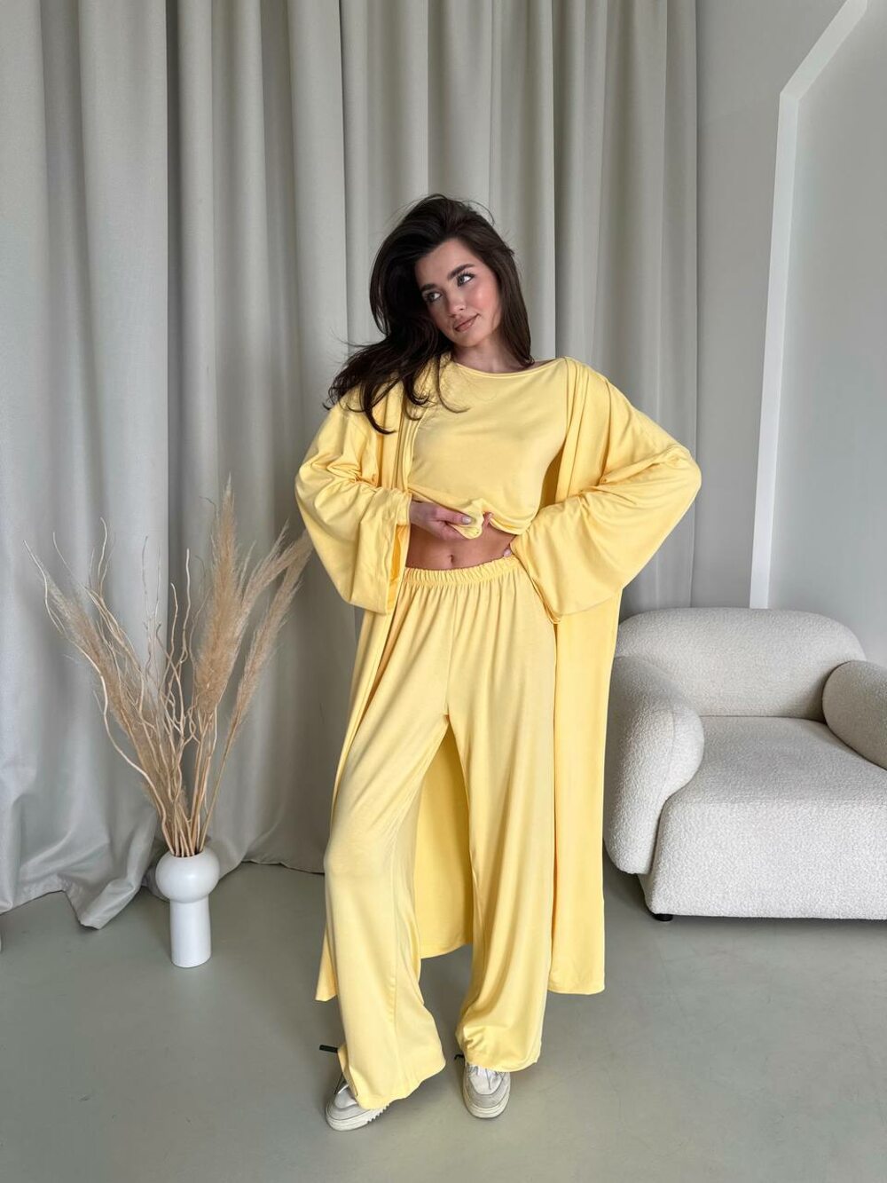 Костюм трійка: кардиган, штани, лонслив, банановий колір