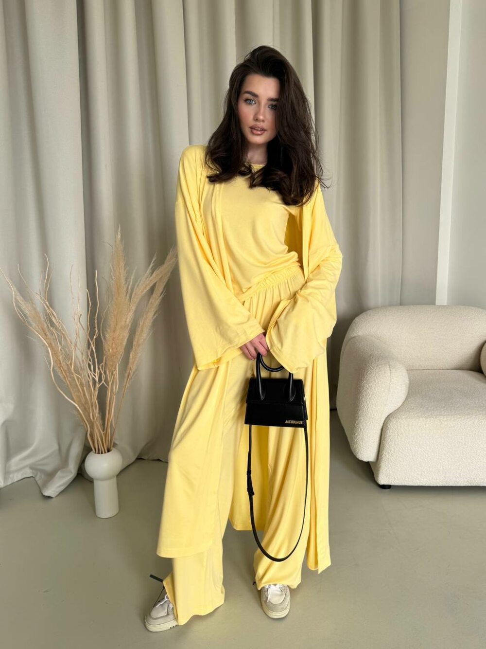 Костюм трійка: кардиган, штани, лонслив, банановий колір