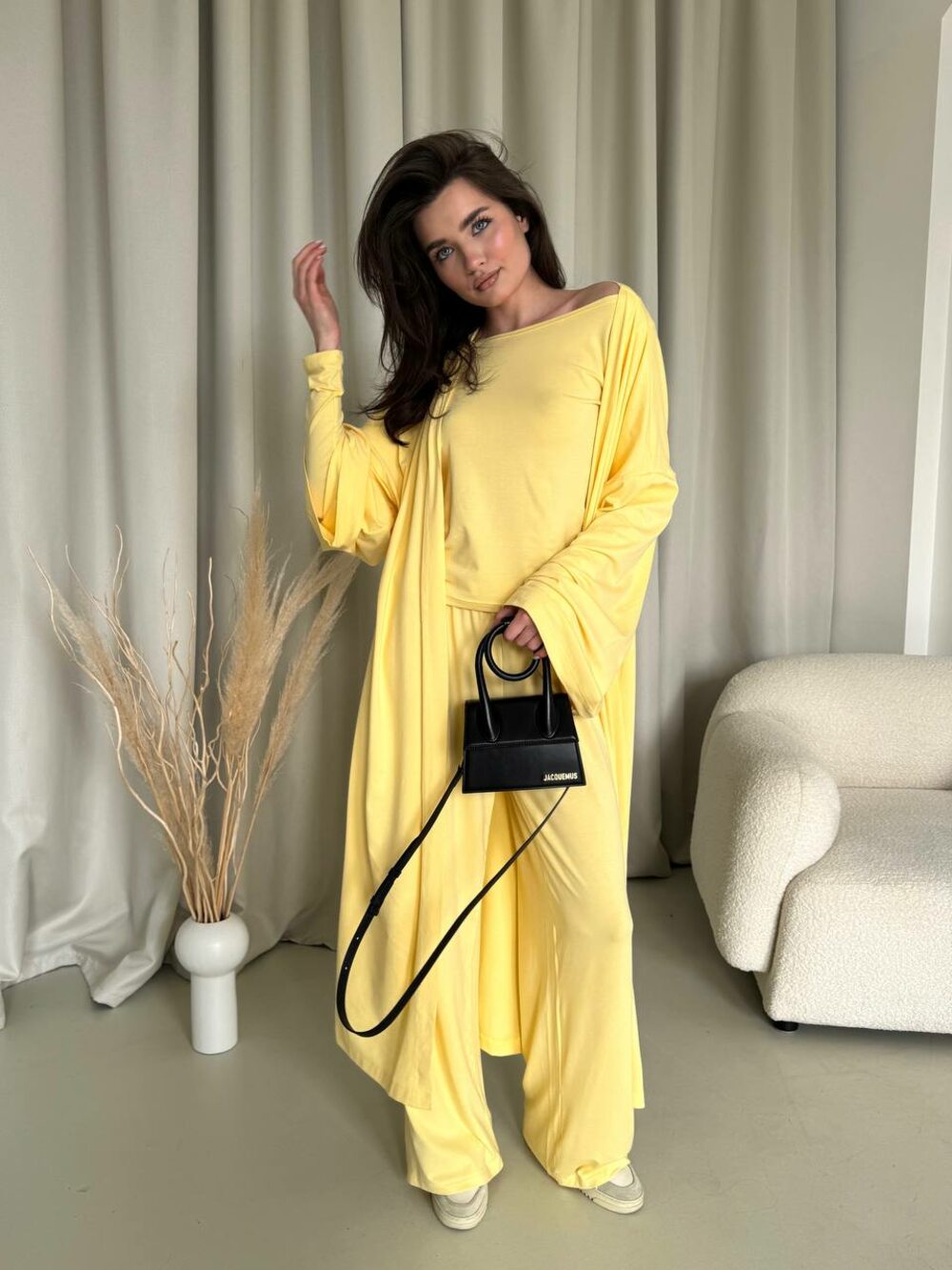 Костюм трійка: кардиган, штани, лонслив, банановий колір