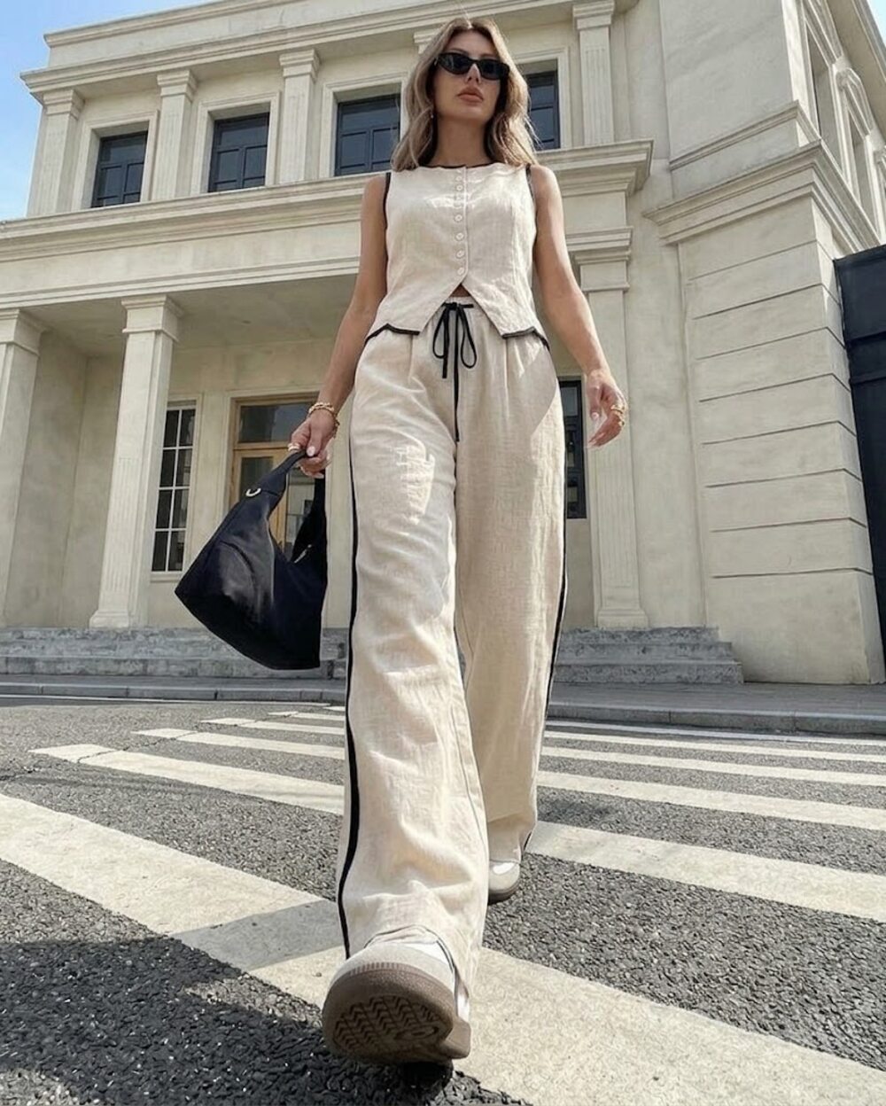 Костюм льняной рубашка и брюки цвет светло-бежевый