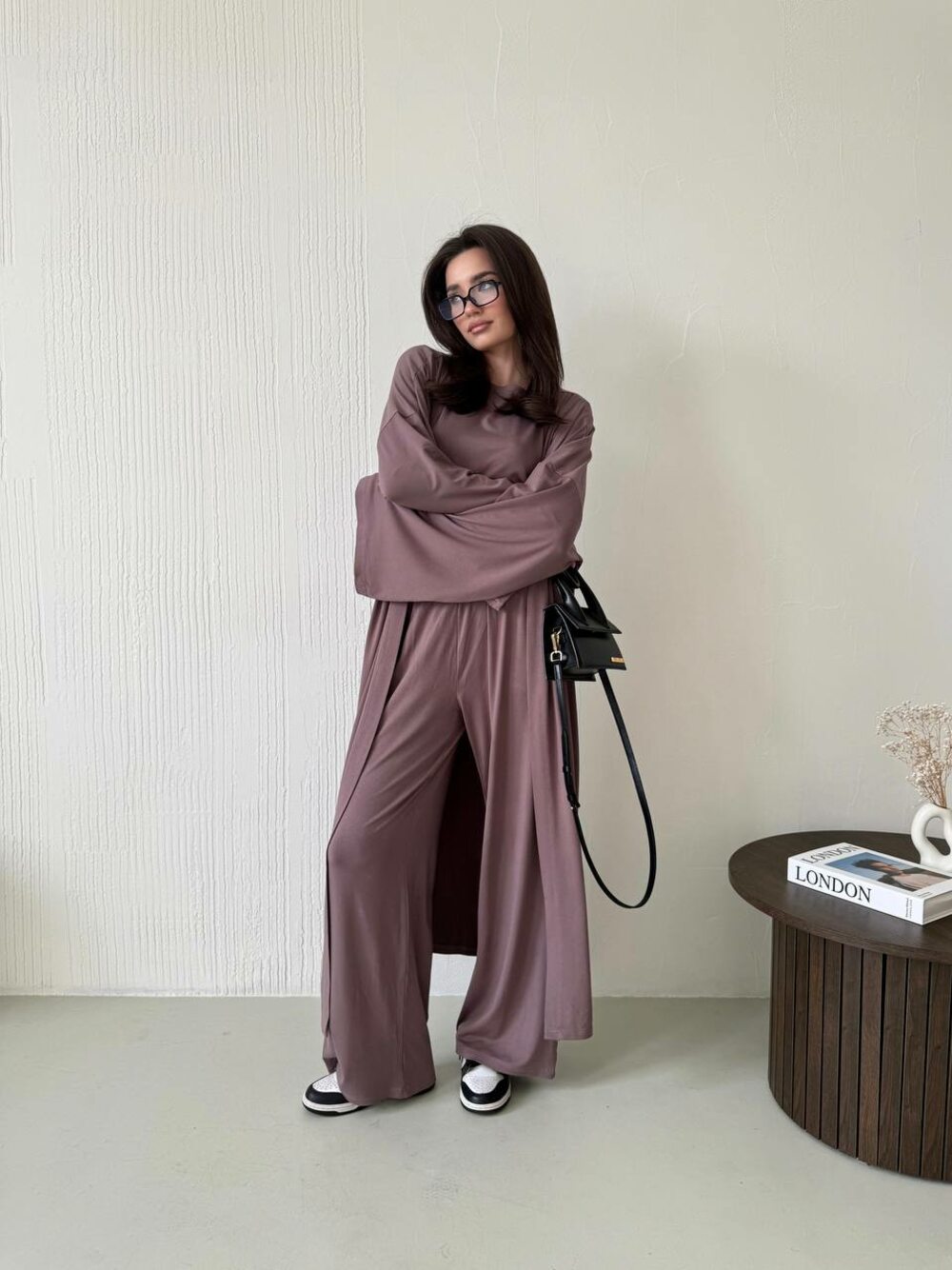 Костюм трійка: кардиган, штани, лонслив, колір кавовий