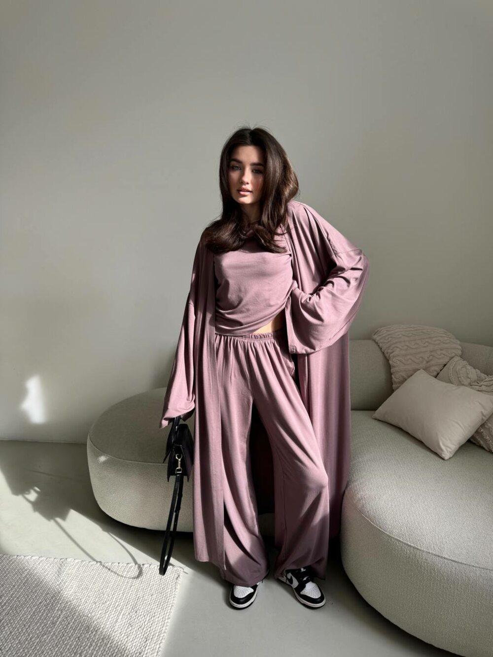 Костюм трійка: кардиган, штани, лонслив, колір кавовий