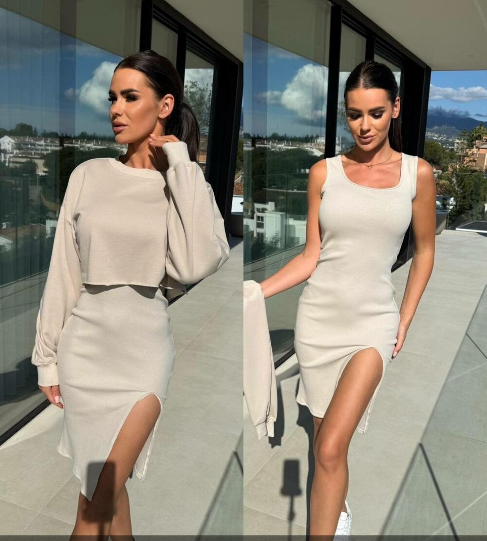 Костюм складається з сукні та укороченої кофти, колір бежевий