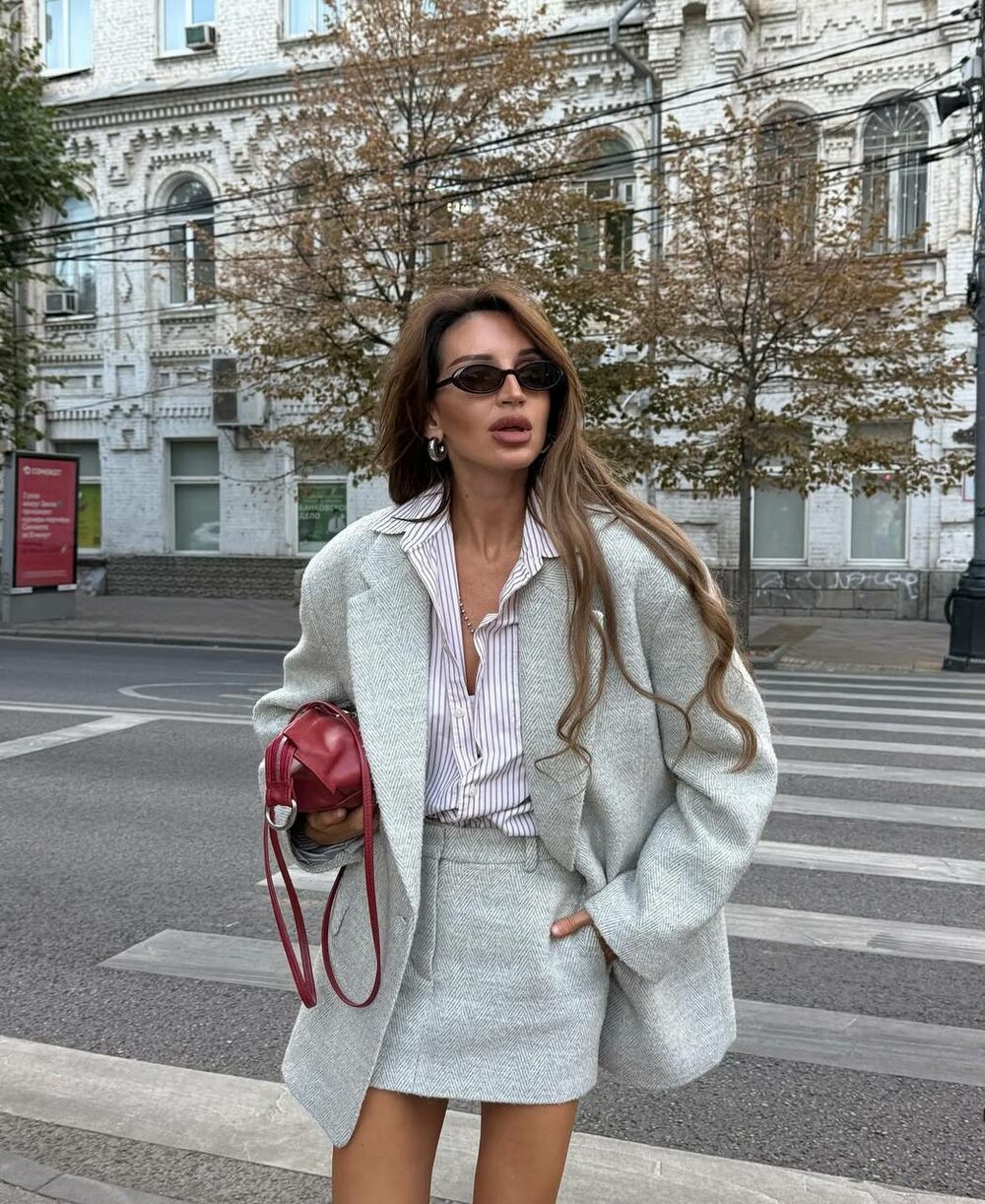 Костюм кашемировый пиджак и юбка ёлочка цвет серый