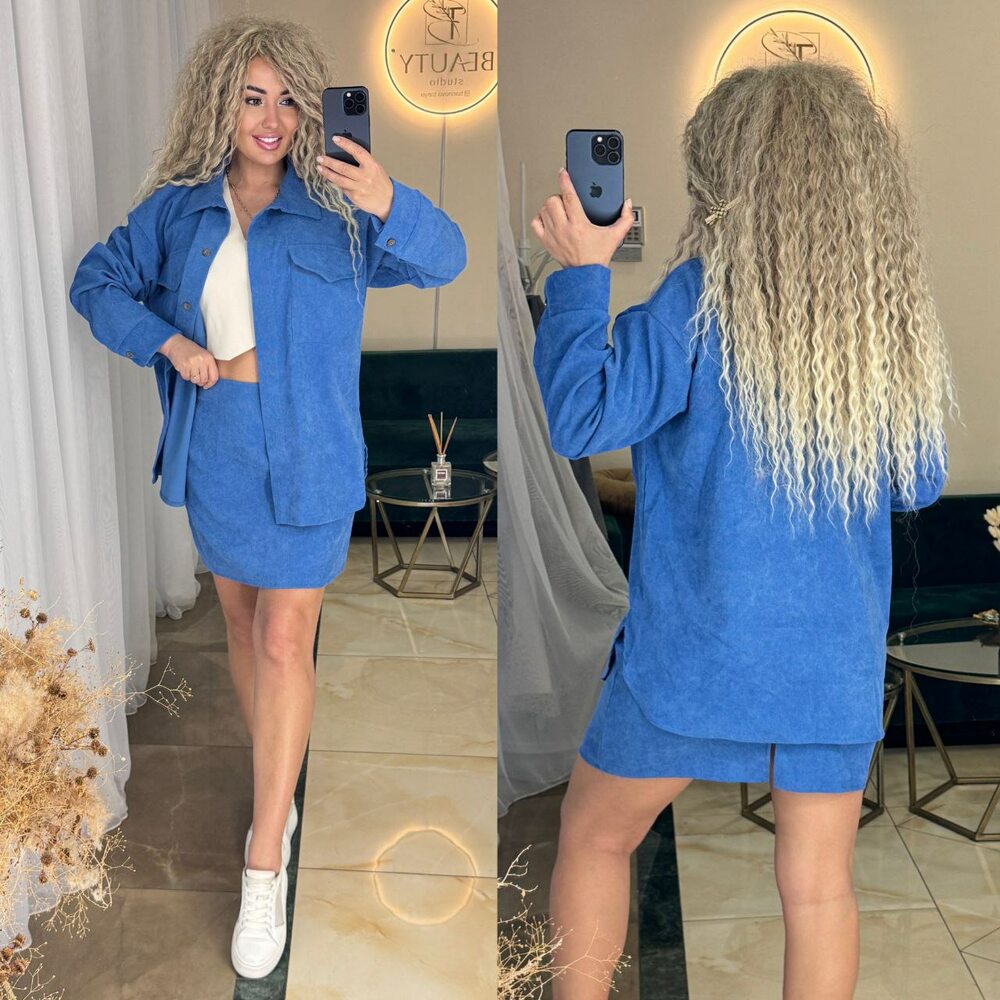 Костю двійка складається з сорочки оверсайз та спідниці, колір джинс