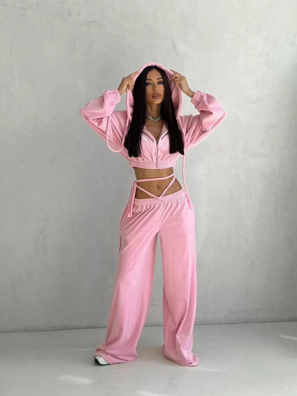 Велюровий костюм двійка складається з худі та штанів, колір пудра