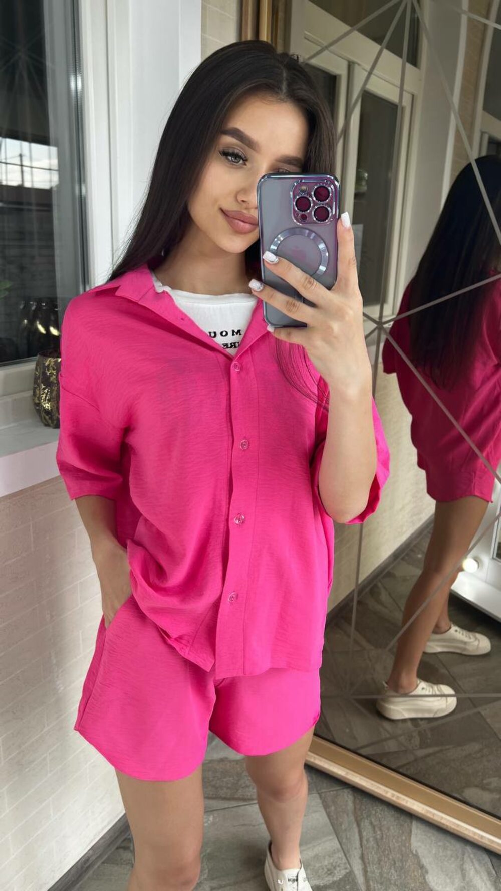 Легкий літній костюм двійка, колір малиновий