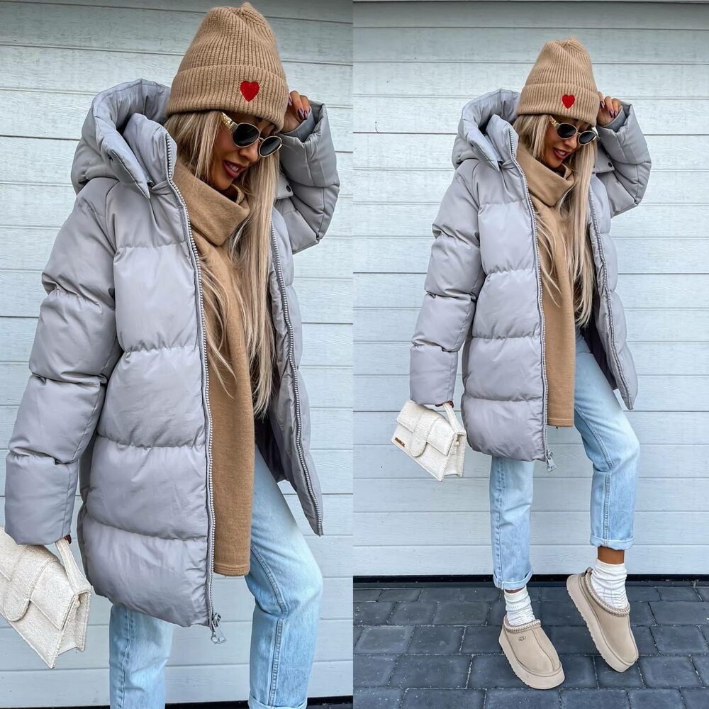 Утеплена зимова куртка з капюшоном стиль оверсайз сіра