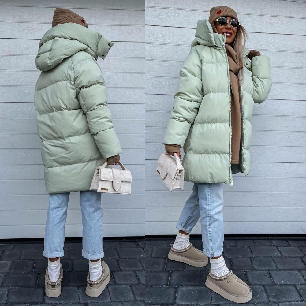 Утеплена зимова куртка з капюшоном стиль оверсайз колір ментол