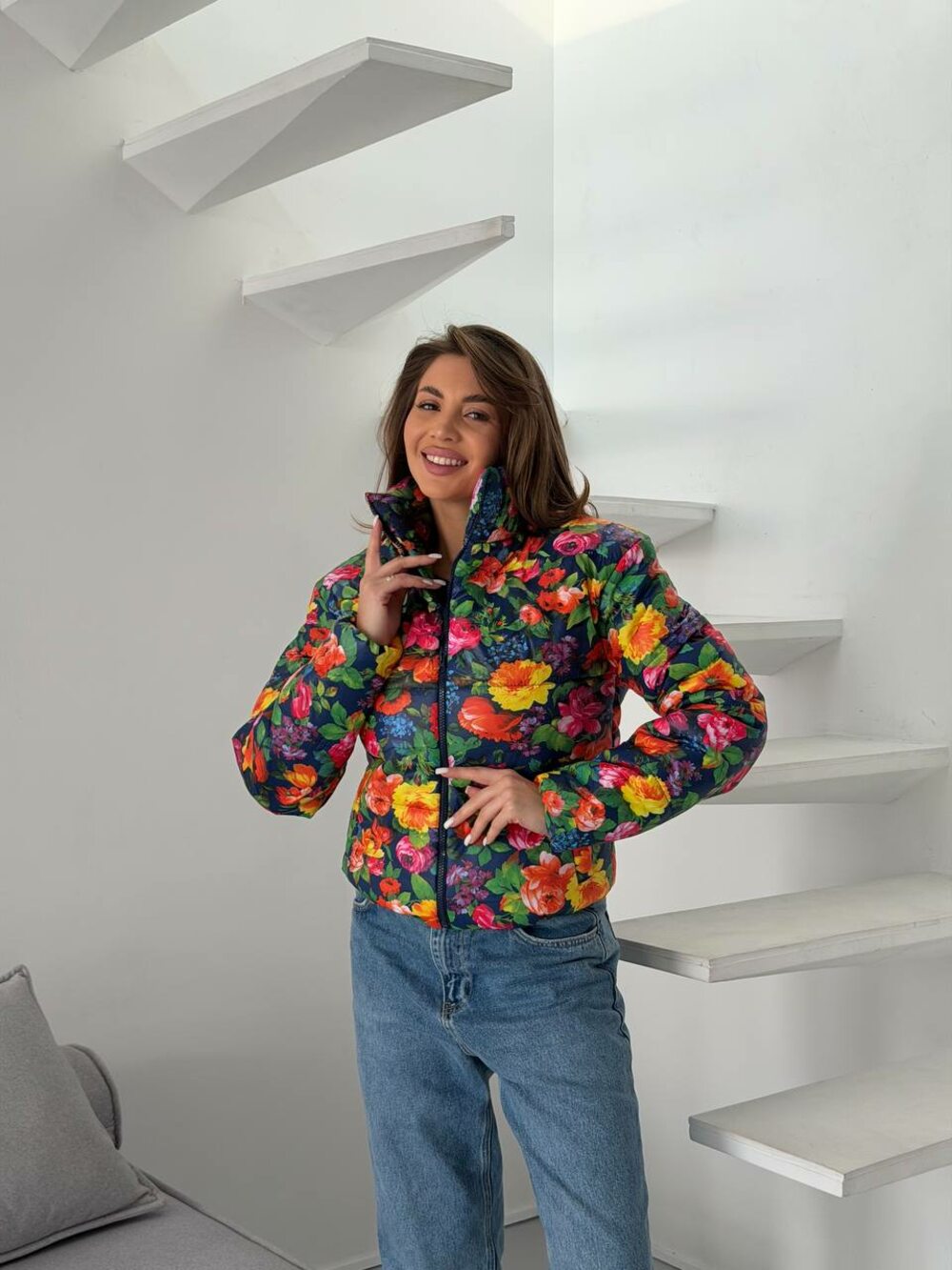 Куртка весняна стьобана з квітковим принтом колір синій