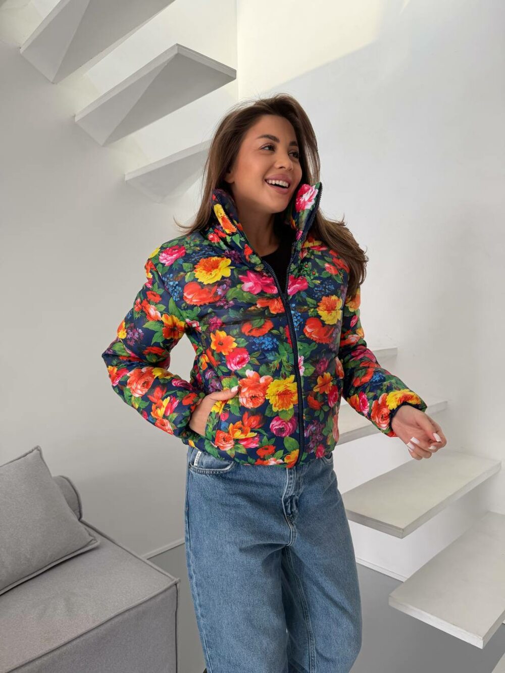 Куртка весняна стьобана з квітковим принтом колір синій