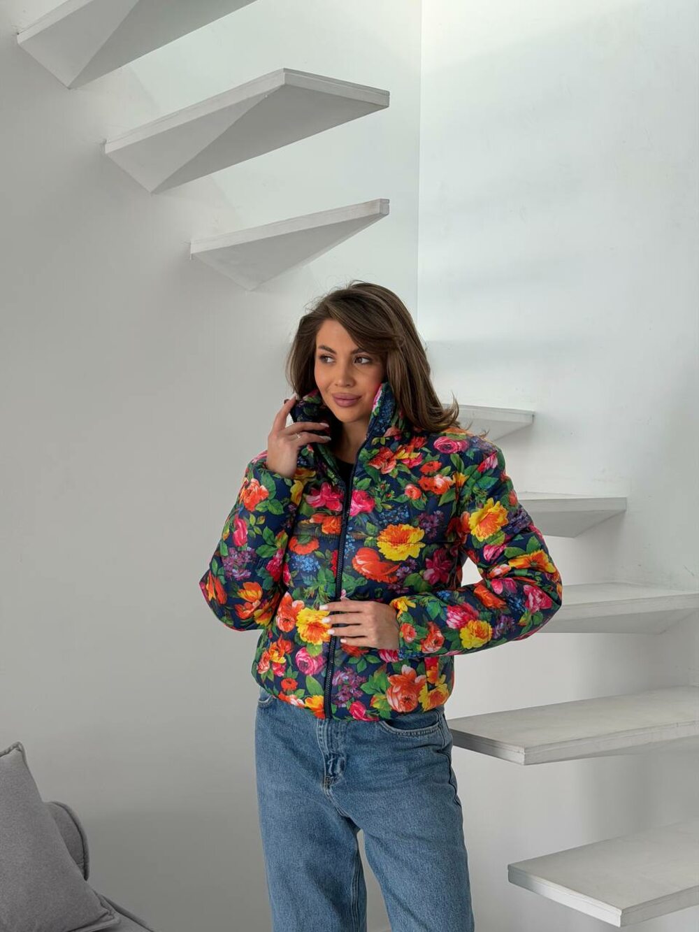 Куртка весняна стьобана з квітковим принтом колір синій