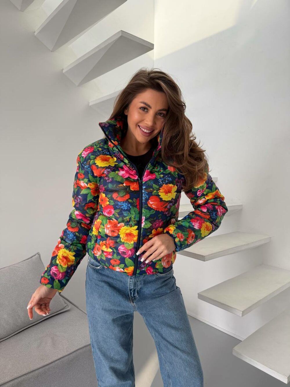 Куртка весняна стьобана з квітковим принтом колір синій