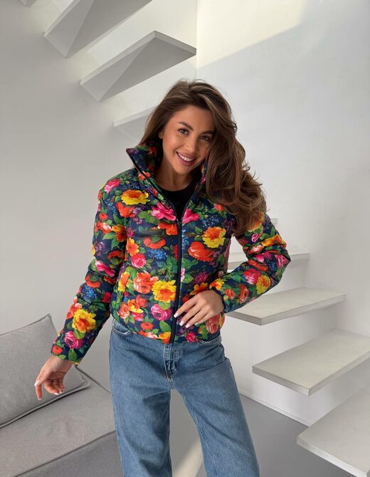 Куртка весняна стьобана з квітковим принтом колір синій
