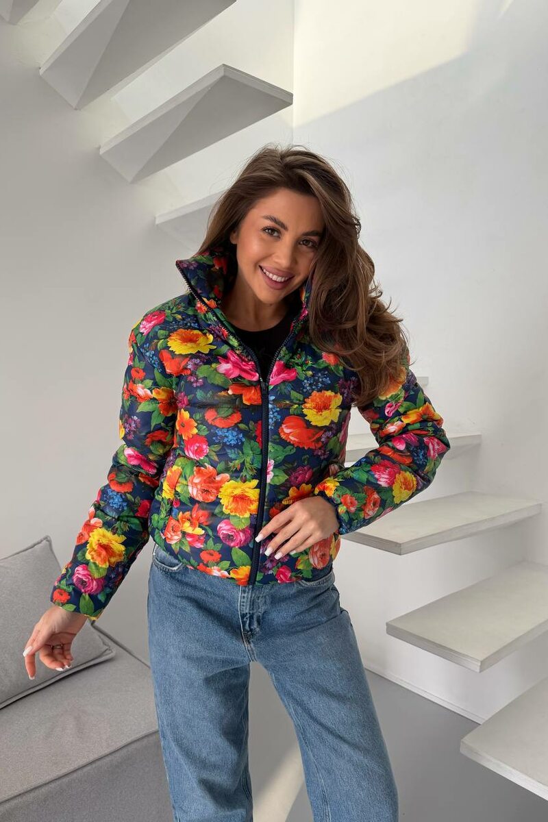 Куртка весняна стьобана з квітковим принтом колір синій