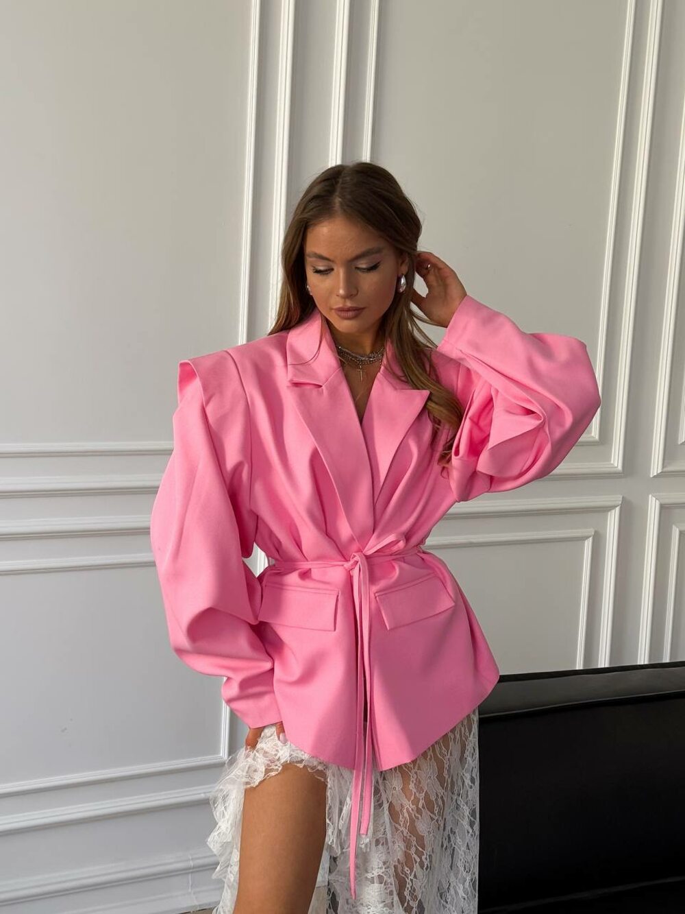 Піджак з пояском, колір рожевий