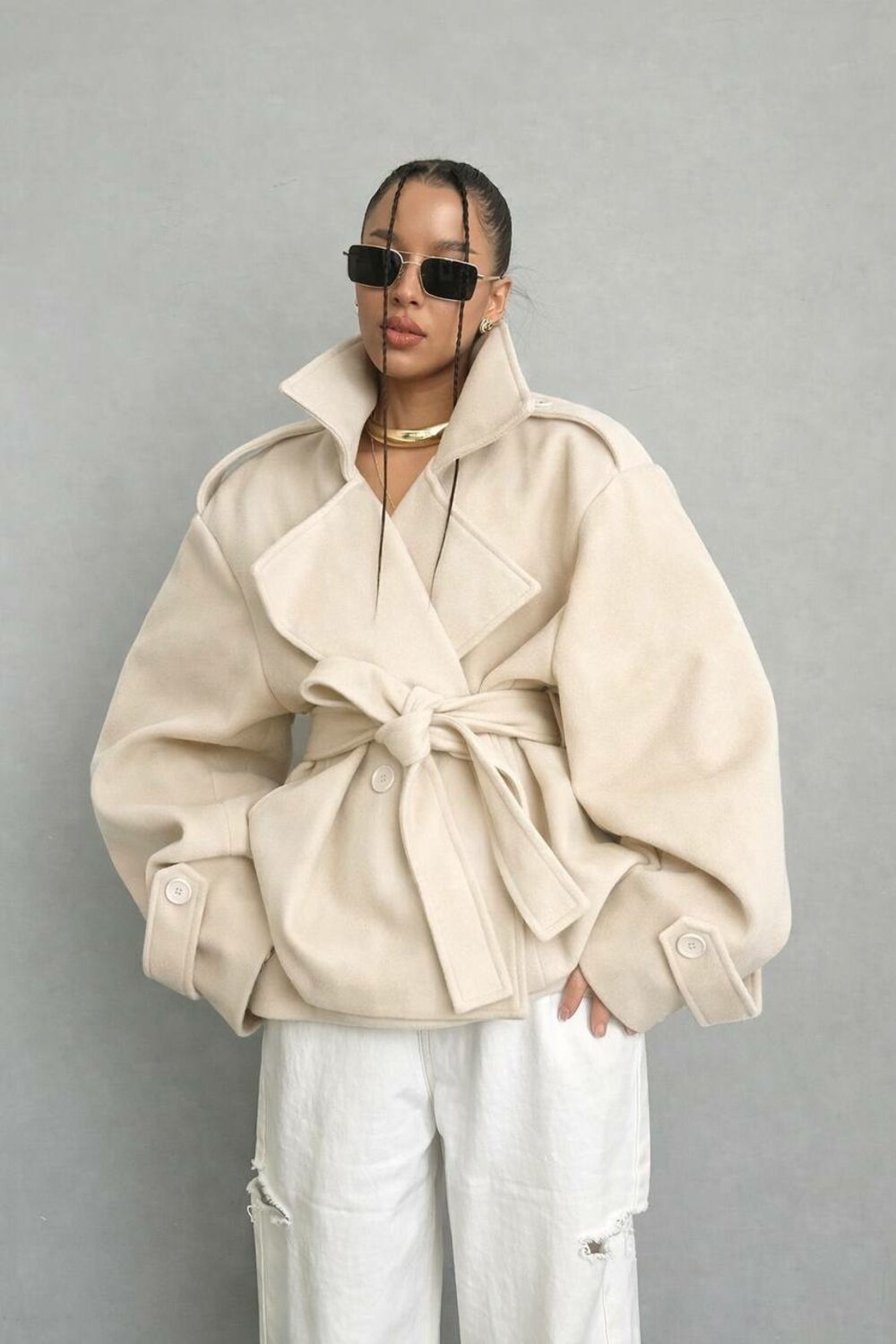 Пальто-тренч на подкладке кашемир цвет бежевый