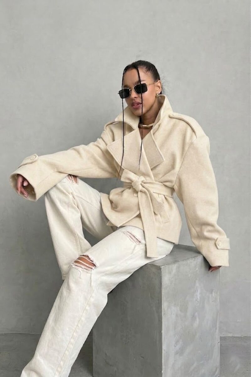 Пальто-тренч на подкладке кашемир цвет бежевый