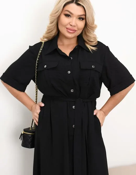Сукня на гудзиках з накладними кишенями, колір чорний