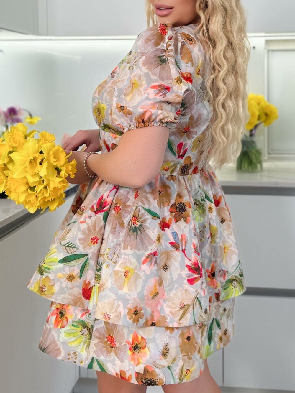 Принтована сукня з подвійною спідницею, колір основний бежевий