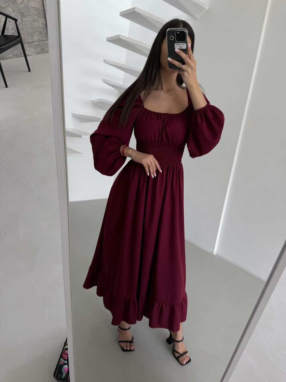 Платье с длинным рукавом и широкой резинкой на талии, цвет бордовый