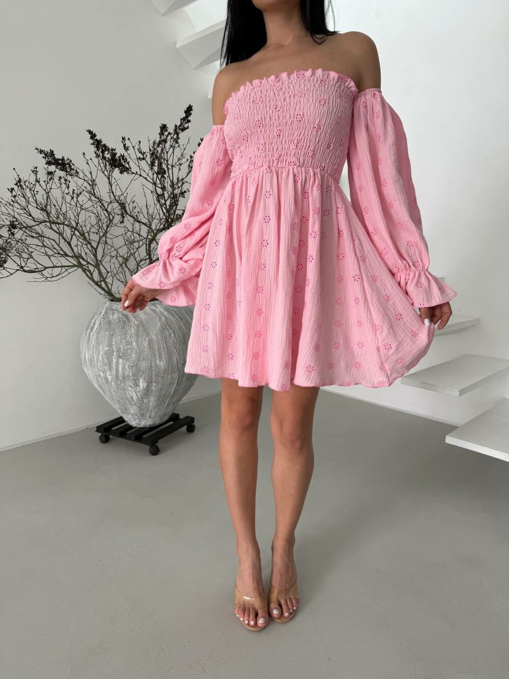 Сукня з резинкою, що стягує, і довгими рукавами, колір барбі