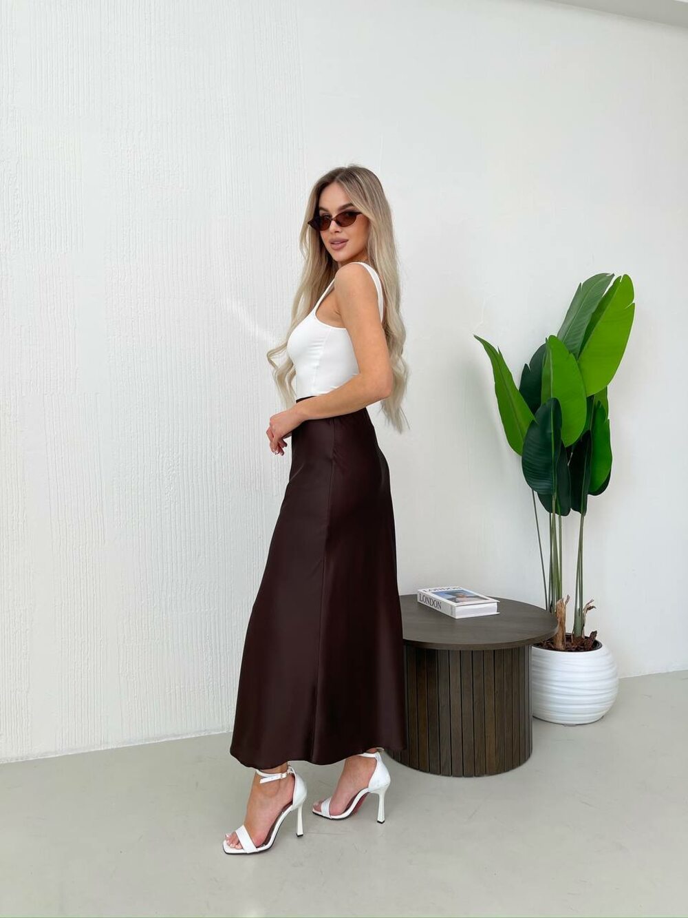 Шовкова спідниця-максі, колір шоколад