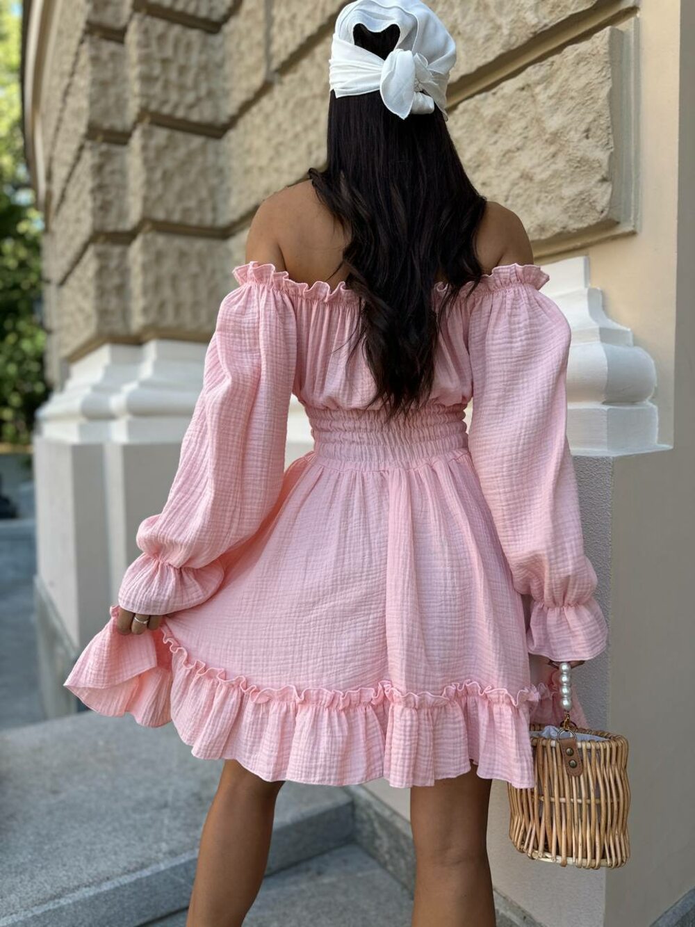 Платье с длинным рукавом и широкой резинкой на талии, цвет персик