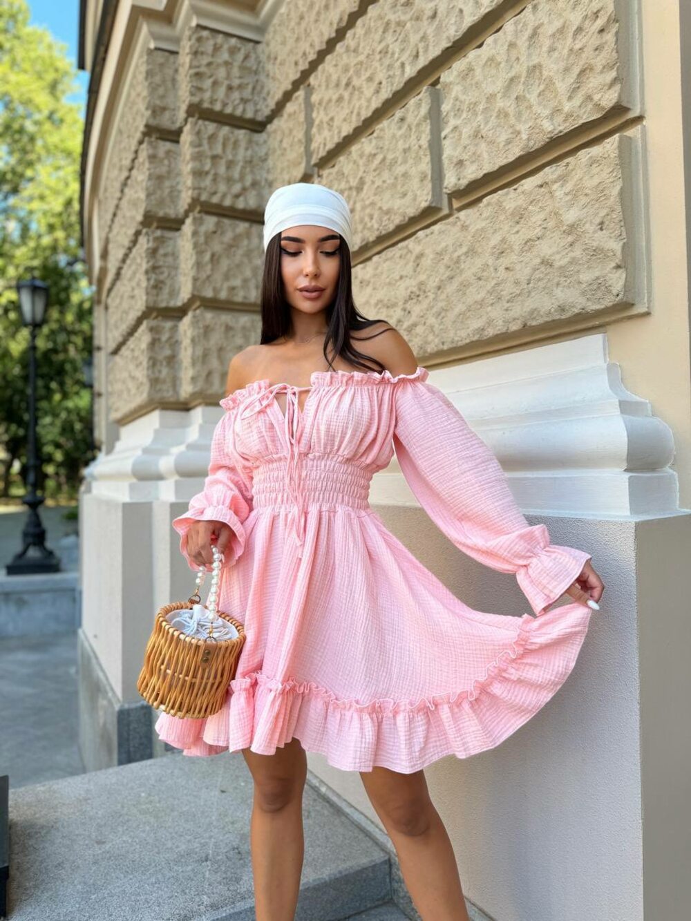 Платье с длинным рукавом и широкой резинкой на талии, цвет персик