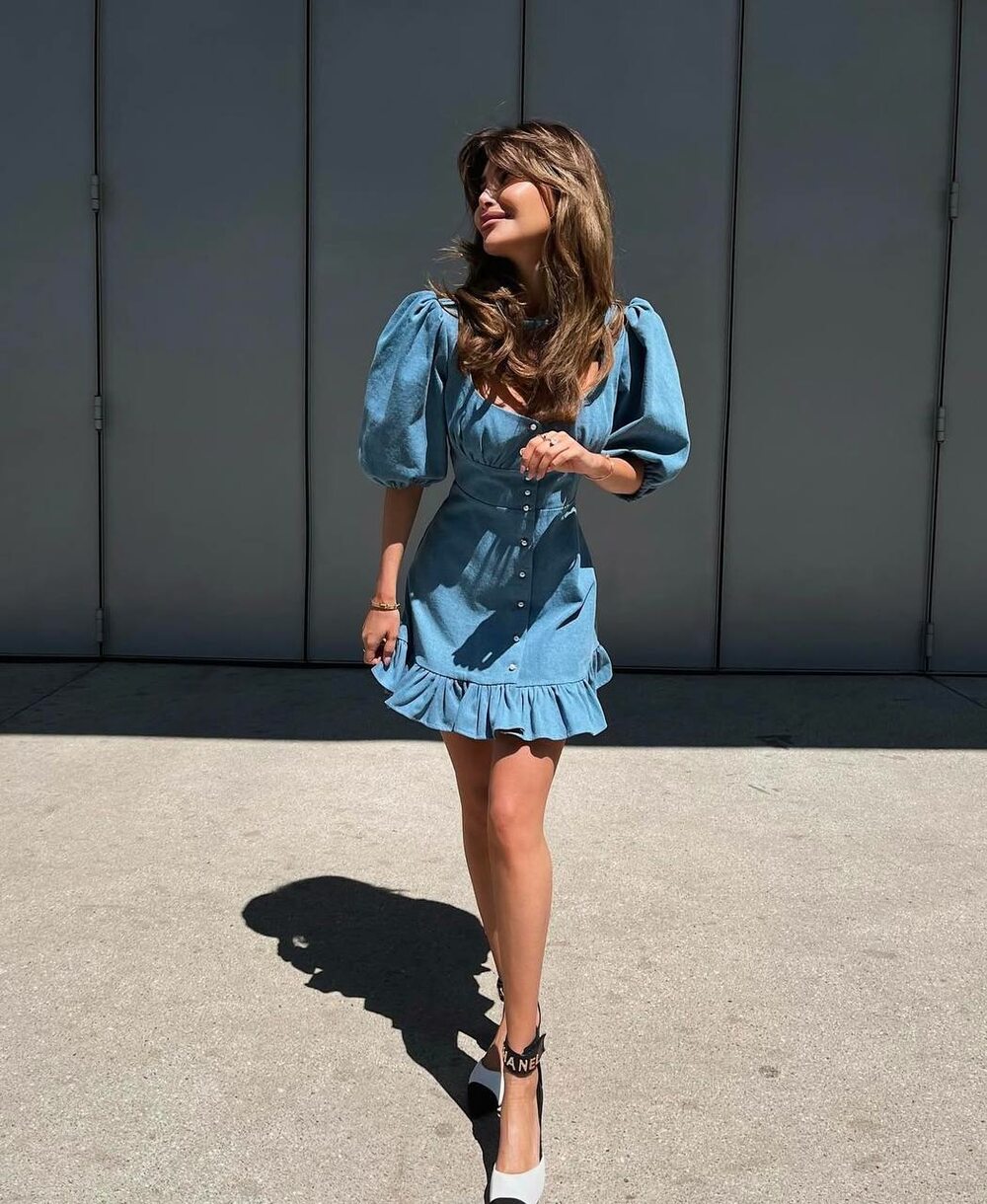 джинсове плаття на гудзиках з рукавами-ліхтариками, колір джинс