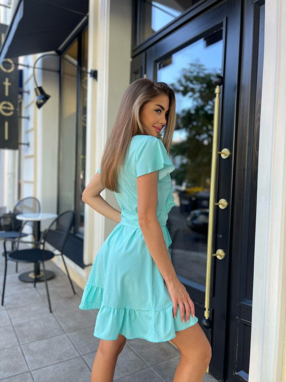 Летнее платье цвет ментол кокетка в горошек
