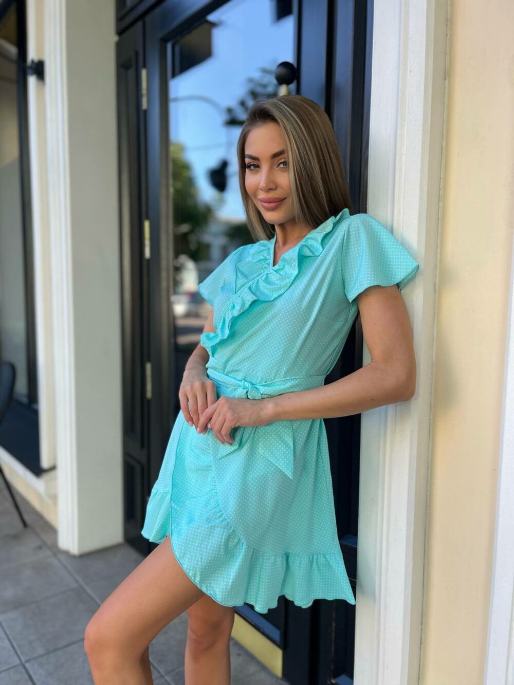 Летнее платье цвет ментол кокетка в горошек