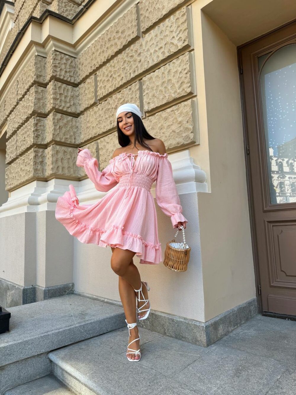 Платье с длинным рукавом и широкой резинкой на талии, цвет персик