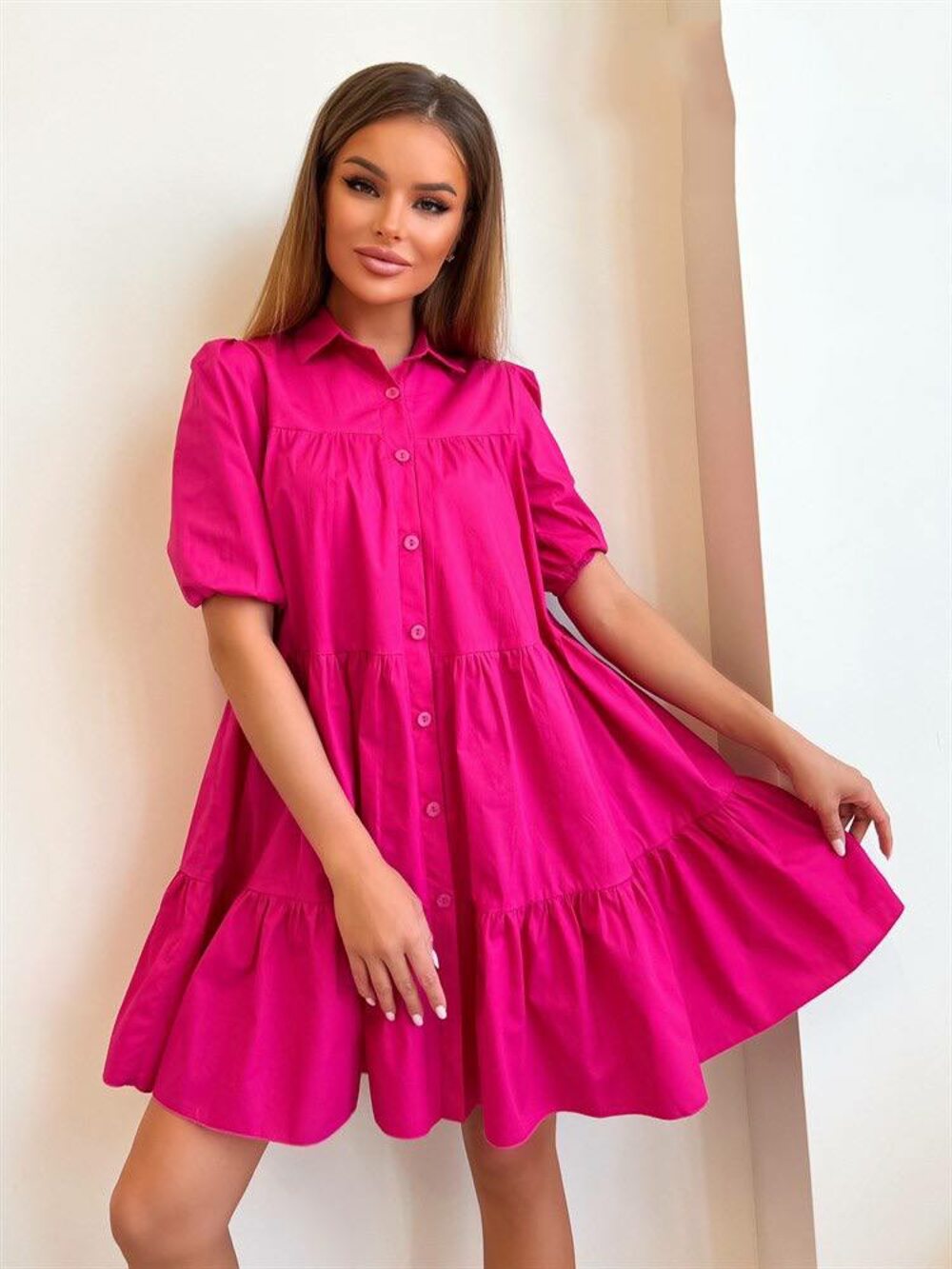 Красивейшее легкое платье из хлопка свободного кроя цвет малина