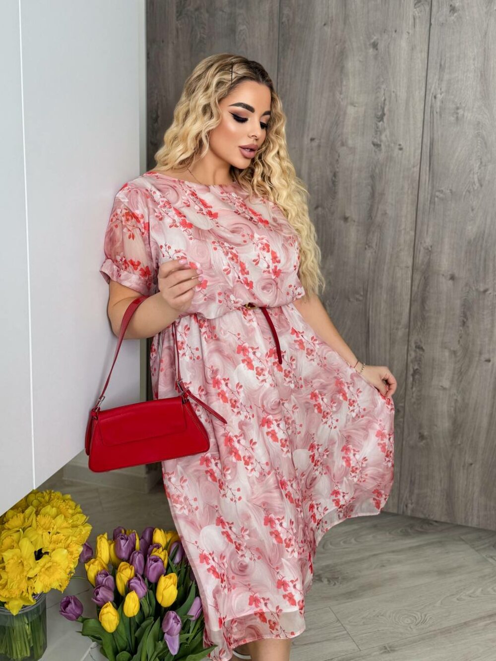 Квіткова сукня з прозорою спідницею та підкладкою, колір рожевий