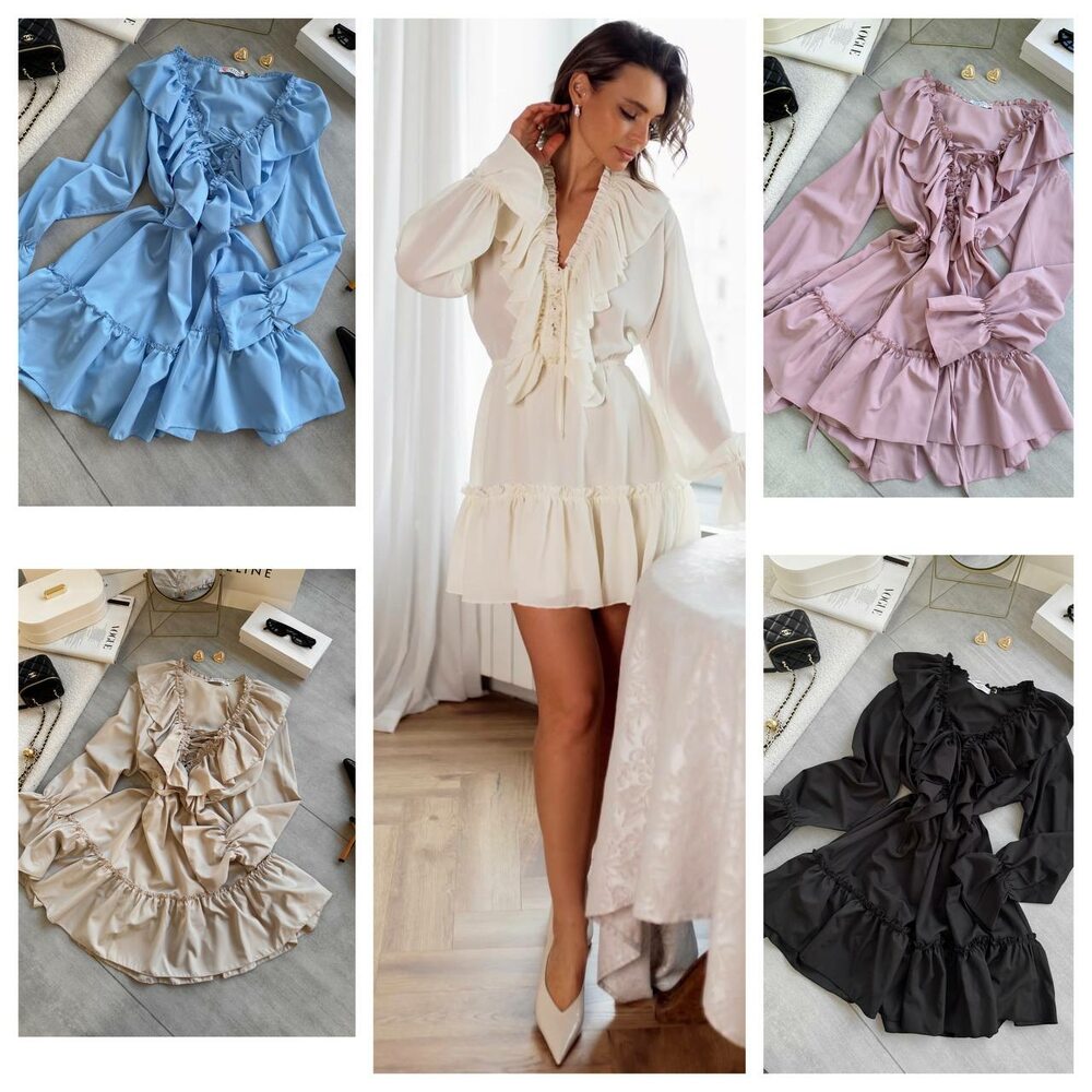 Сукня з рюшами та довгим рукавом, колір білий