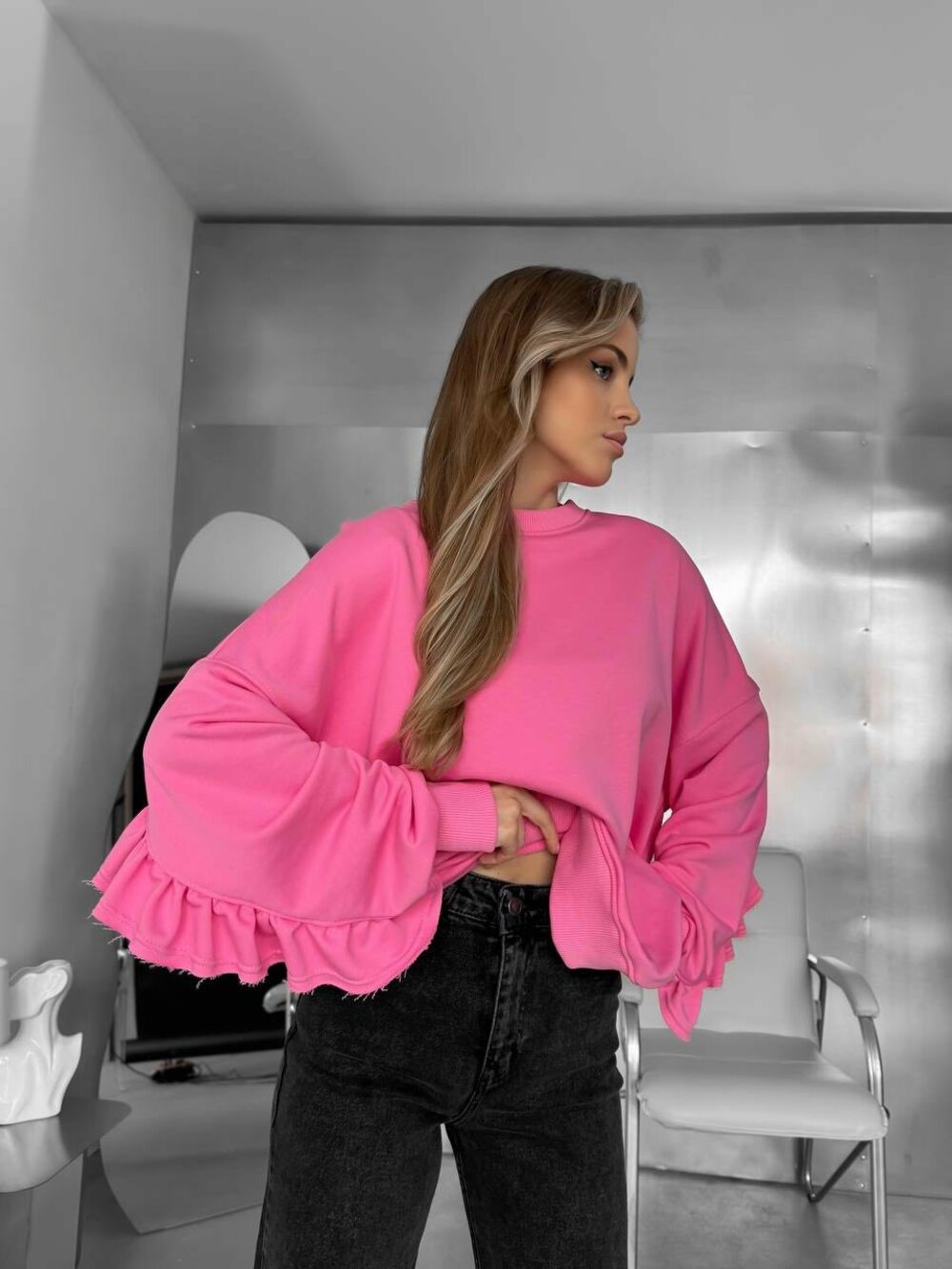 Світшот оверсайз з рюшами, рукави та низ світшота рибана кашкорсе, колір рожевий