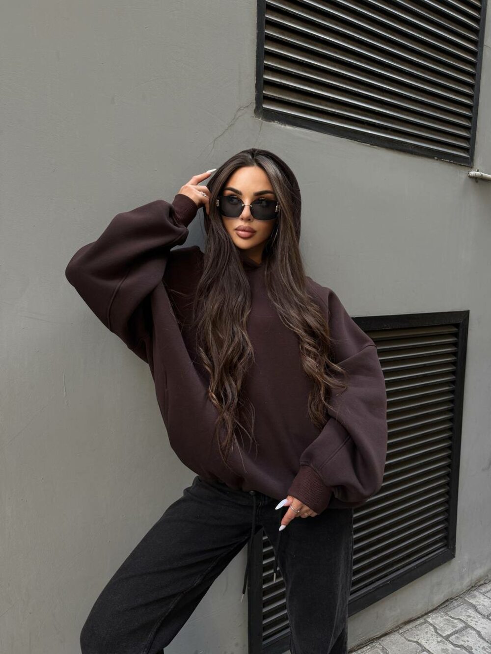 Худі оверсайз з кишенями та капюшоном, колір шоколад