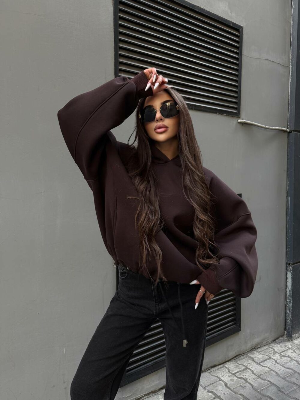 Худі оверсайз з кишенями та капюшоном, колір шоколад