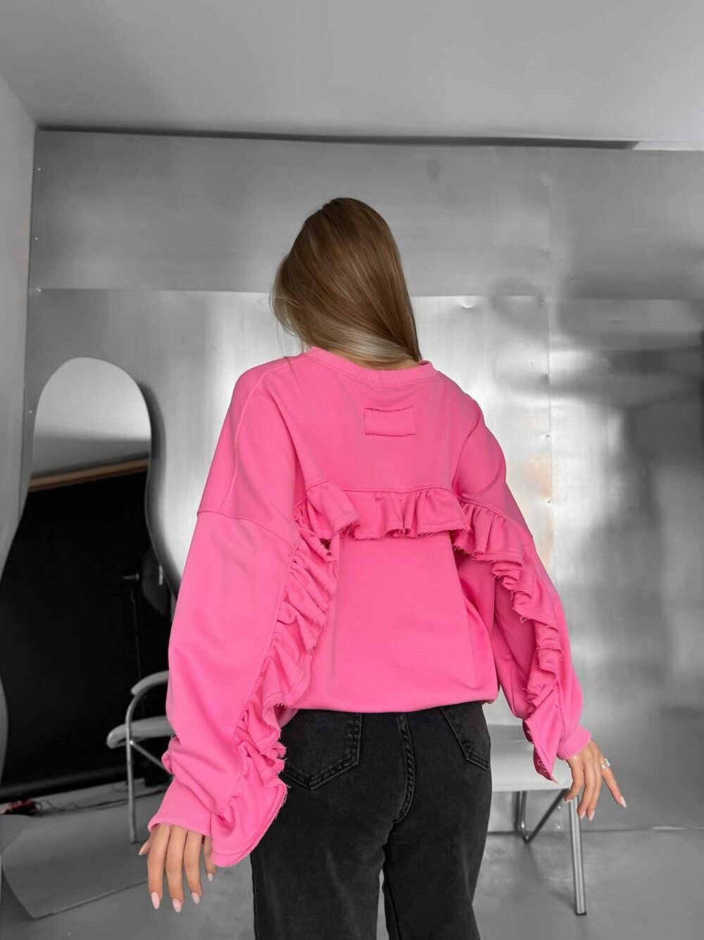 Світшот оверсайз з рюшами, рукави та низ світшота рибана кашкорсе, колір рожевий