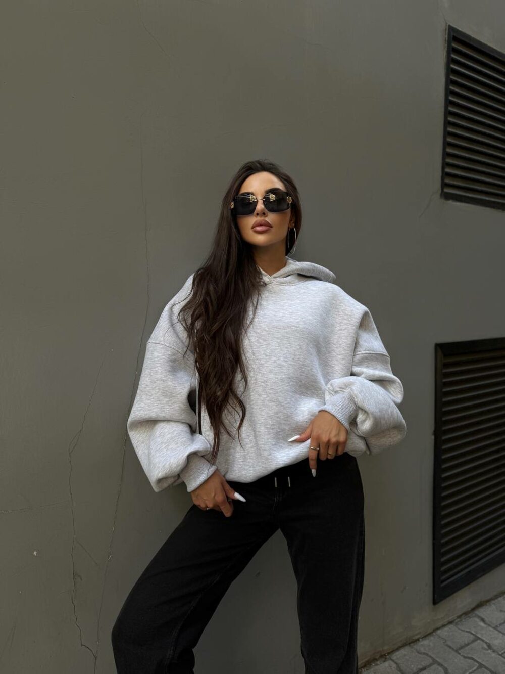 Худі оверсайз з кишенями та капюшоном, колір меланж.